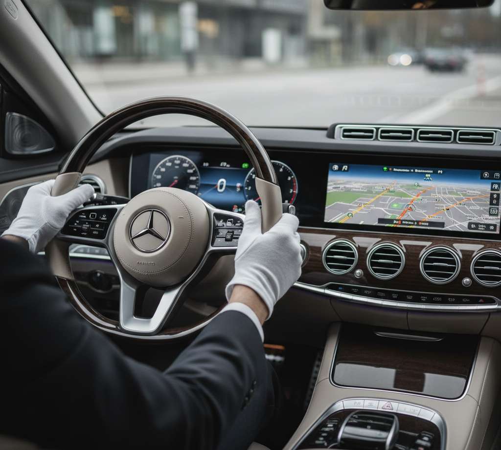 Business travelers using chauffeur service